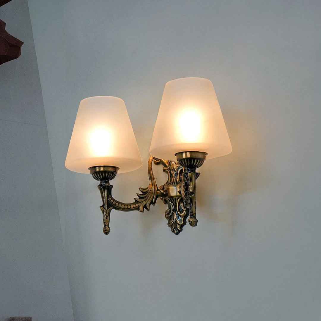 Antique Brass Finish 11 Inch 2-Light Steel Wall Lamp With Tapered Frosted Glass Shades