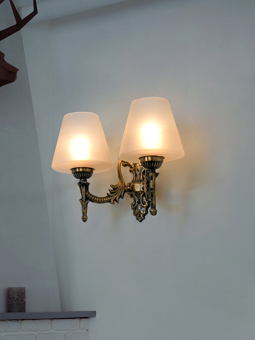 Antique Brass 11 Inch 2-Light Steel Wall Lamp With Tapered Frosted Glass Shades