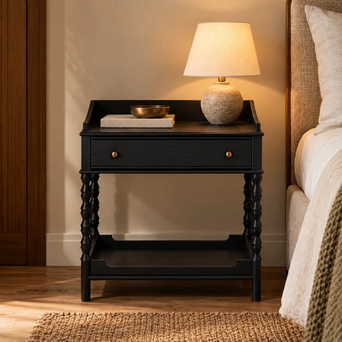 Carvora Teak Wood Black Stained Bedside