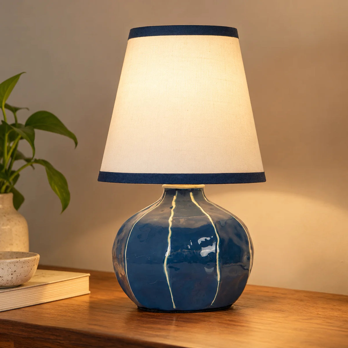 Contemporary Enamel Blue Melon-Shaped Table Lamp with Hand-Painted Lines
