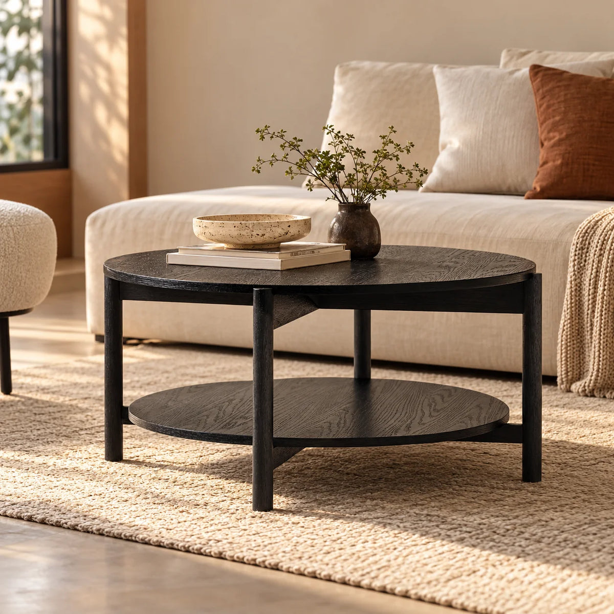 Bella Round Coffee Table for Living Room | Mango Wood Black Center Table