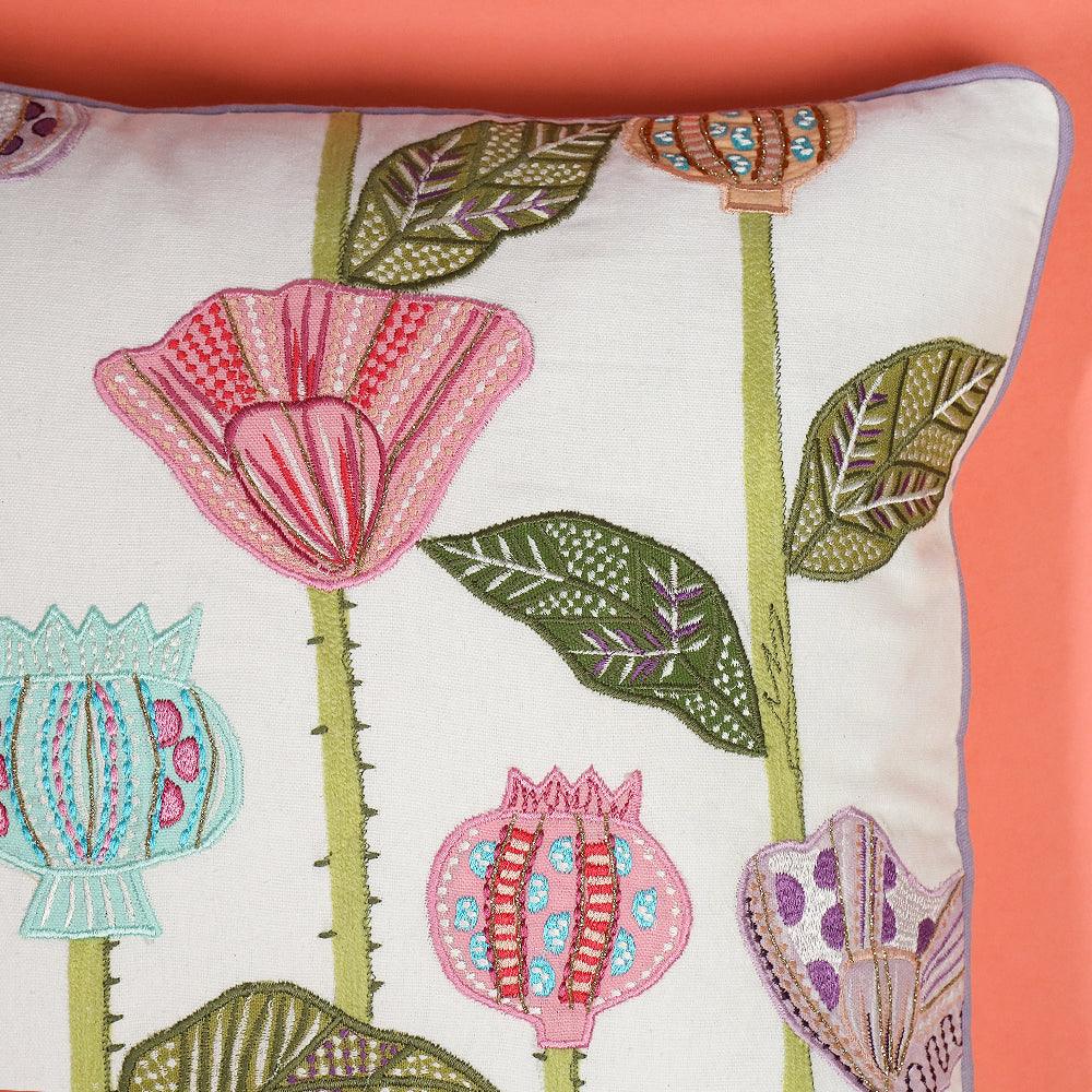Garden Delight Sofa Cushion Cover | Hand Embroidered Cotton Cushion Cover - 1 Pc