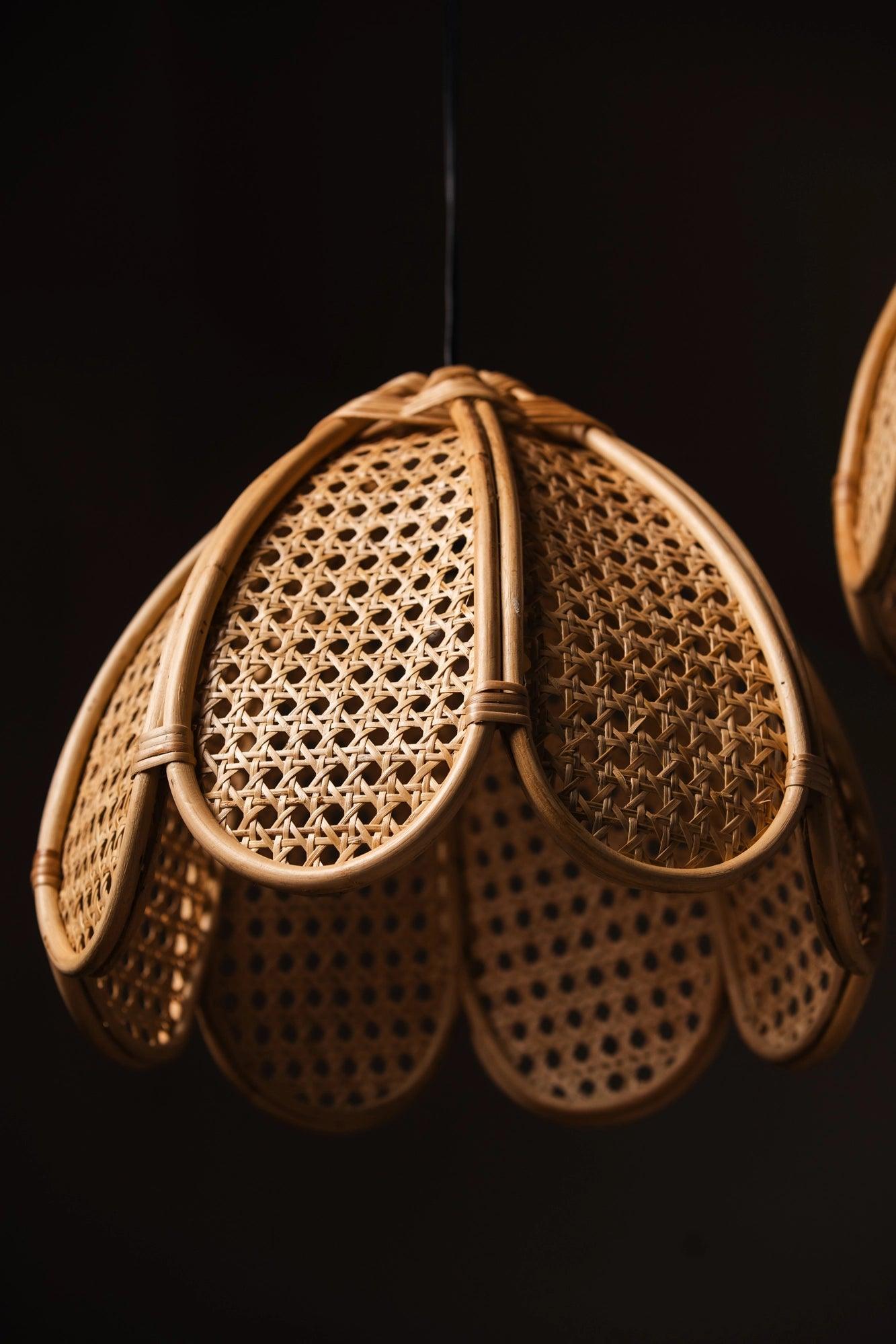 Handcrafted Rattan Flower-Shaped Ceiling Lampshade | Bohemian Style Pendant Light for Bedroom, Dining & Entryway