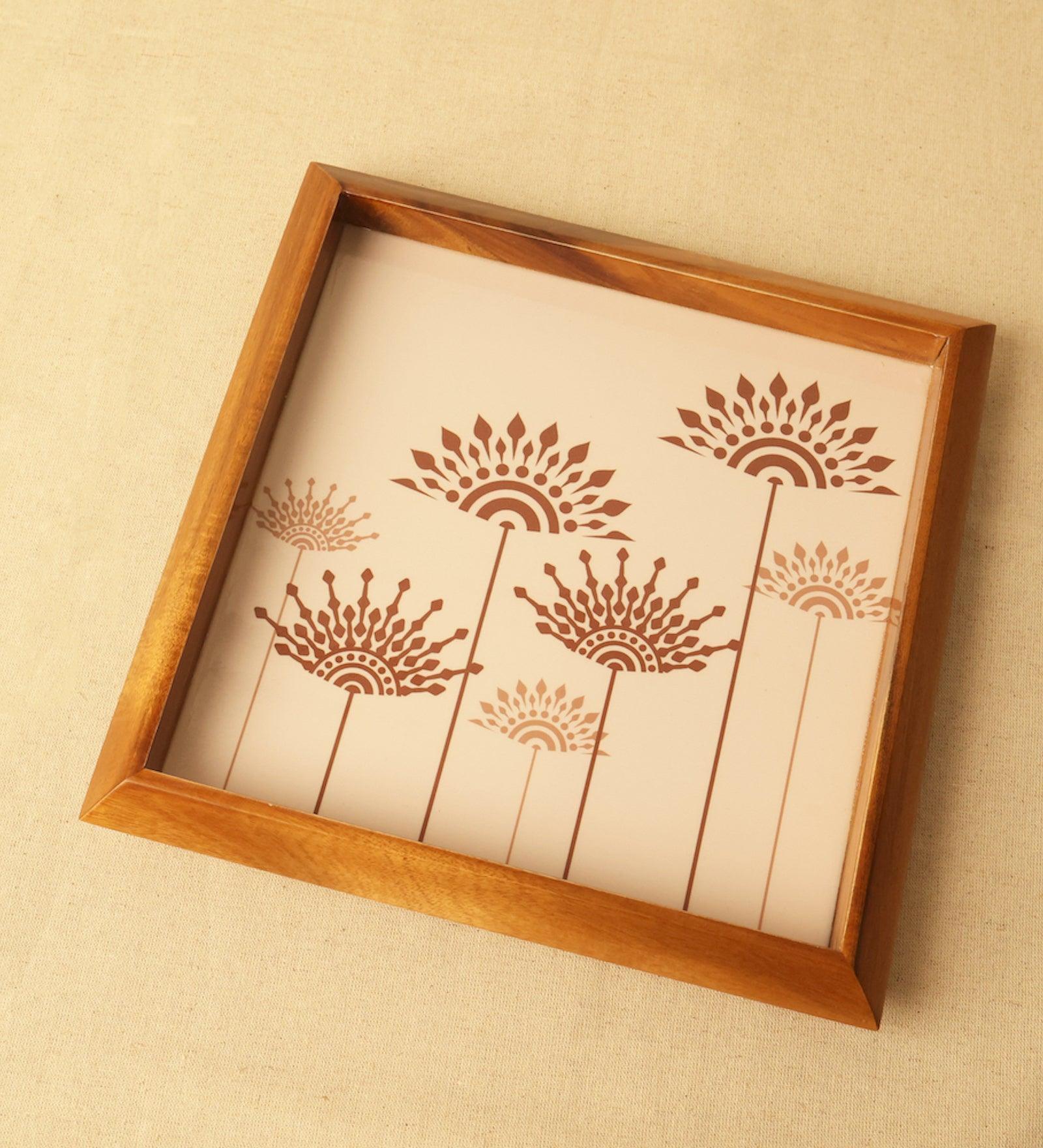 Square Teak Wood Serving Tray with Flower Mandala Design | Snack Serving Tray for Kitchen