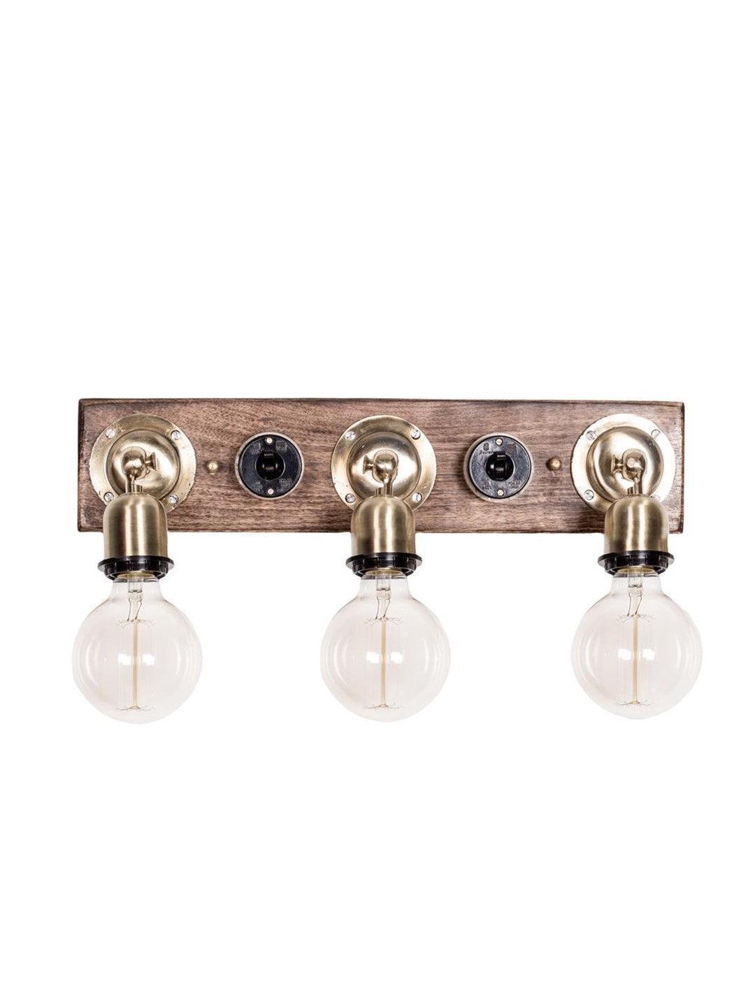 Brass and Wood Retro Switch Triple Vanity Wall Light With Bulb For Decor