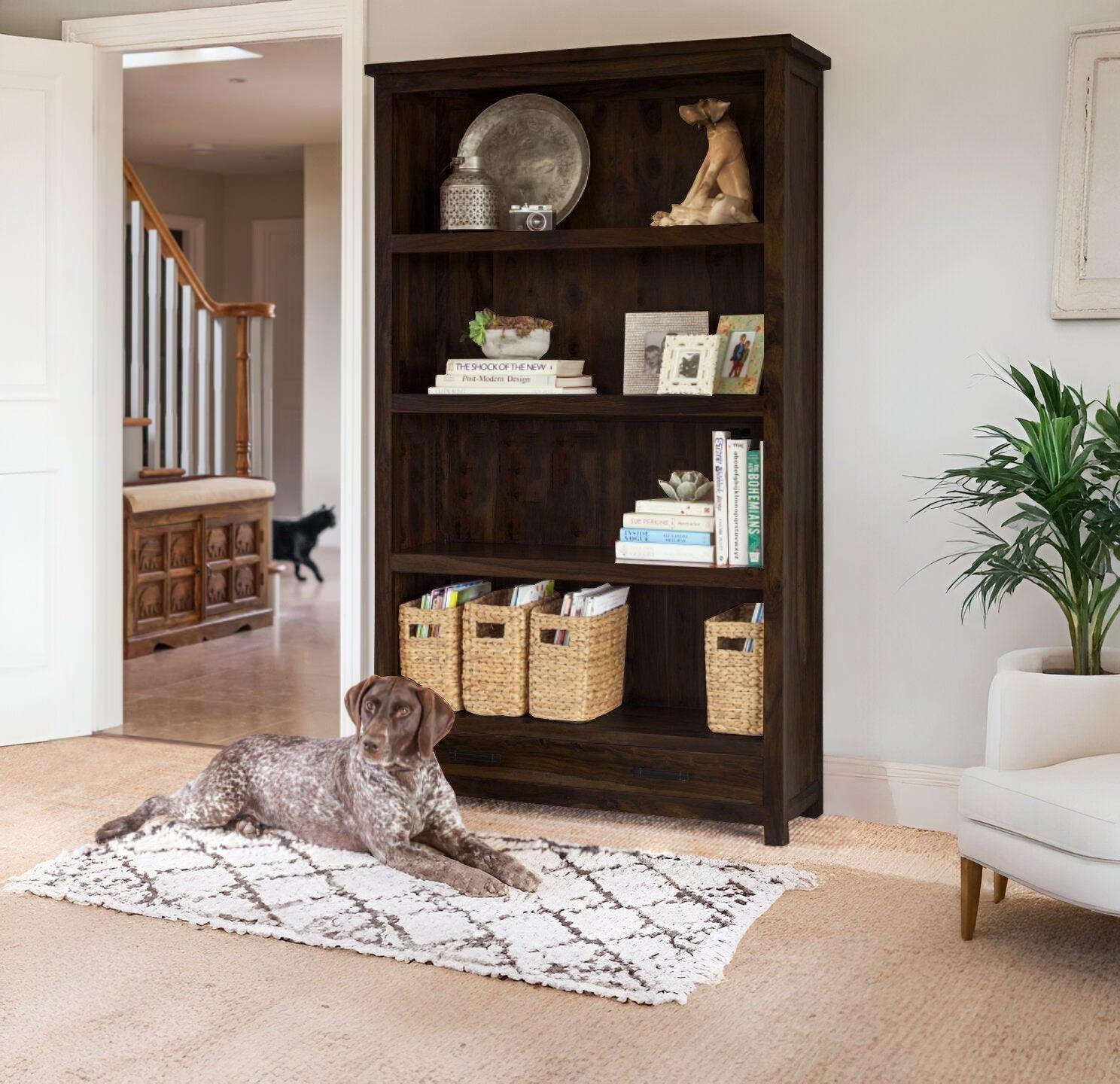 Solid Sheesham Wood Bookshelf Large With Two Drawer Full Size