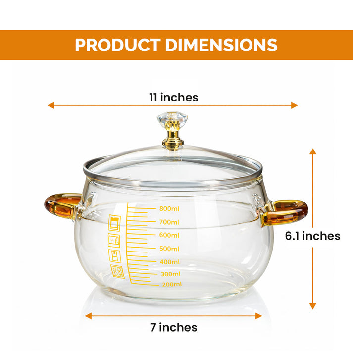 Borosilicate Glass Cooking Pot with Lid (800ml) | Heat Resistant Transparent Saucepan with Measuring Scale | Clear Soup & Milk Pot for Gas Induction & Microwave