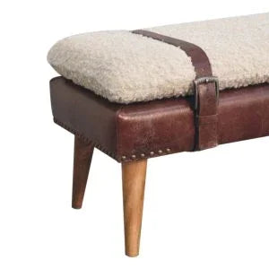 Boucle & Mahogany Leather Bench | Wooden Bench with Nordic Legs | Mango Wood Sitting Bench
