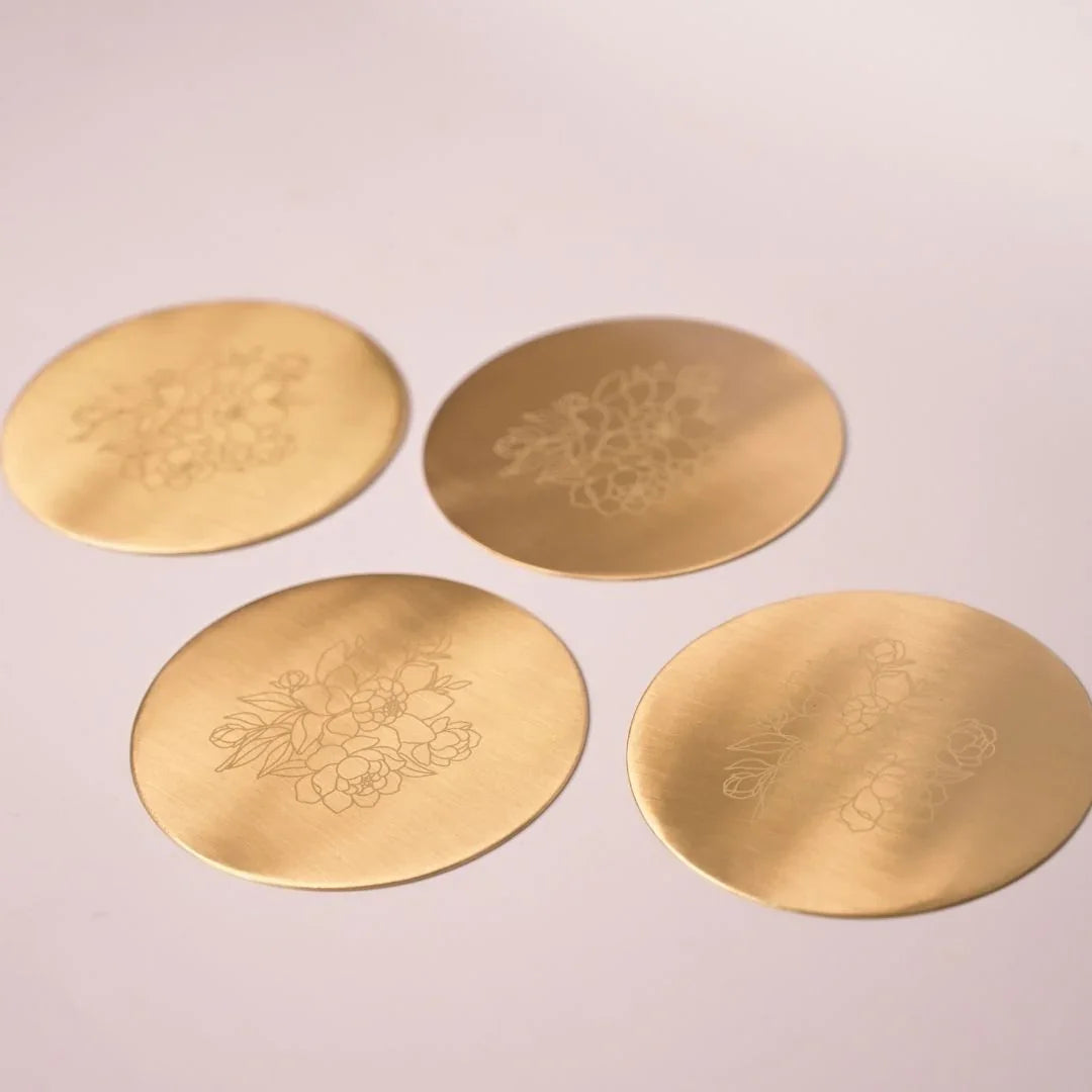Pure Brass Coasters – Laser-Etched Peony Flower Design (Set of 4) | Luxury Drink Coasters for Home, Dining & Gifting