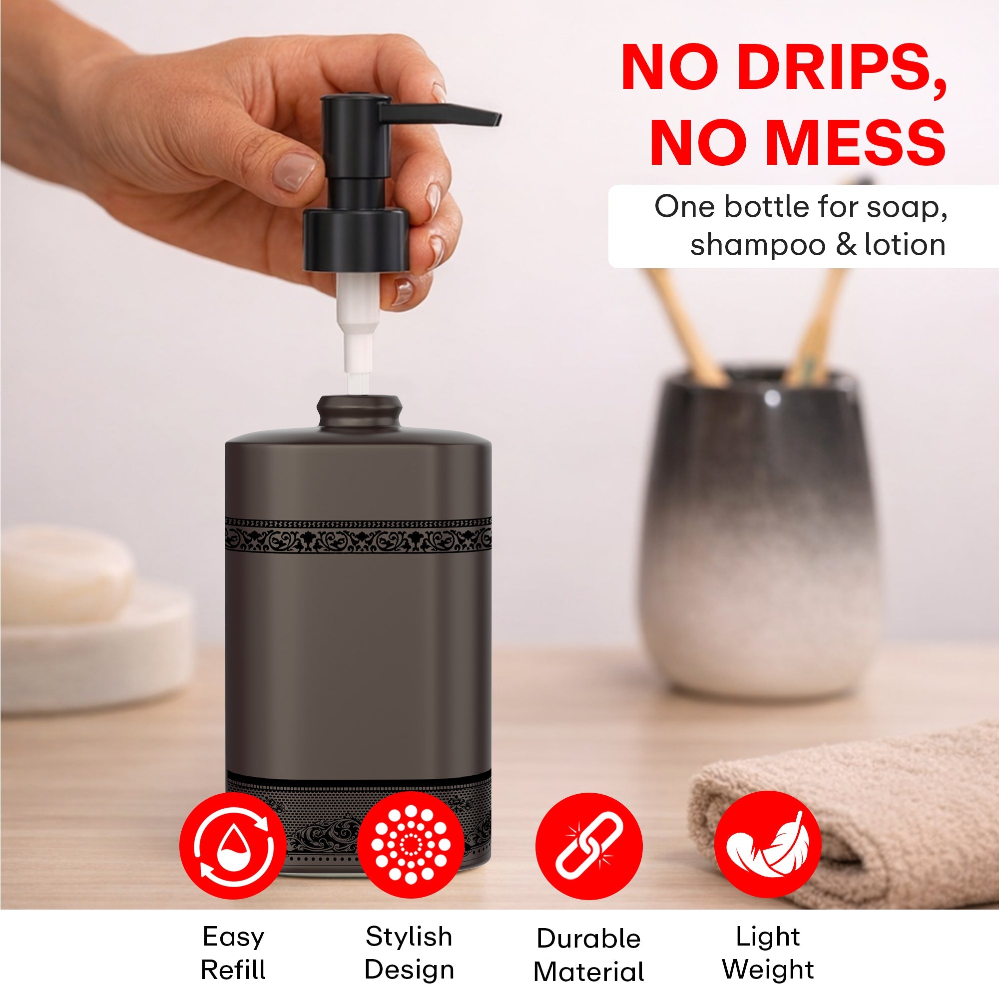 Rioware Outdoor Living Ceramic Liquid Soap Dispenser, 300ml, Multipurpose Refillable for Hand Wash, Dish Wash, Shampoo, Kitchen, Bathroom, and Household Use Pack of 1, Grey with Matte Black Accents