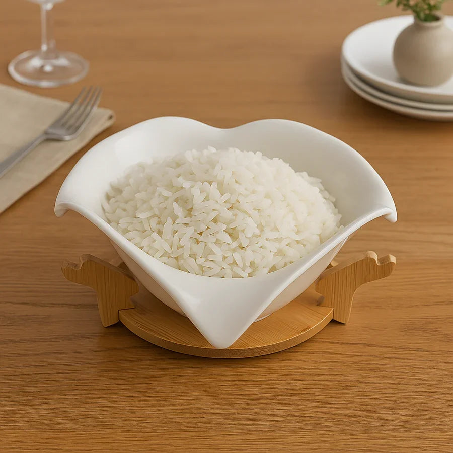 Elegant White Ceramic Leaf-Shaped Bowl with Wooden Stand – Decorative & Functional Serving Bowl