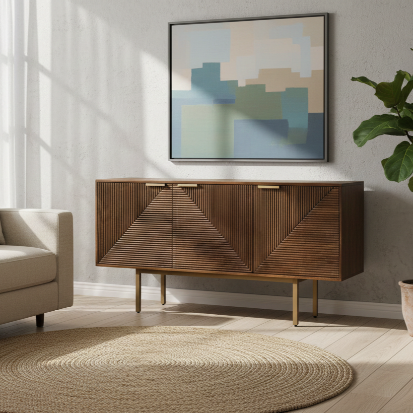 Chevron Sideboard | Acacia Wood, Stainless Steel