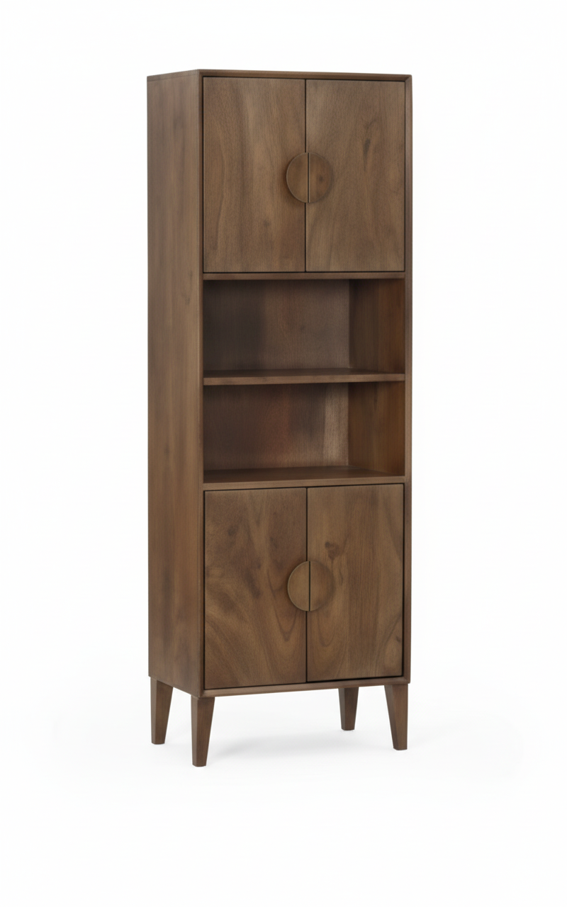 4 Door Wooden Bookshelf | Mango Wood Book Cabinet with Open Shelves | Solid Wood Storage Unit for Living Room & Study