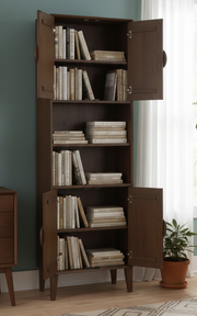 4 Door Wooden Bookshelf | Mango Wood Book Cabinet with Open Shelves | Solid Wood Storage Unit for Living Room & Study