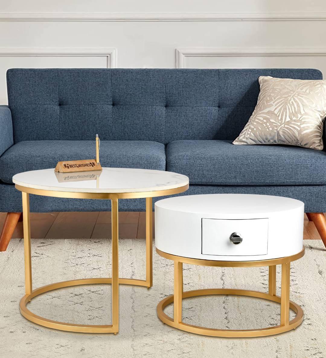 Marble And Wooden Nesting Tables With Storage | Center Coffee Table For Living Room