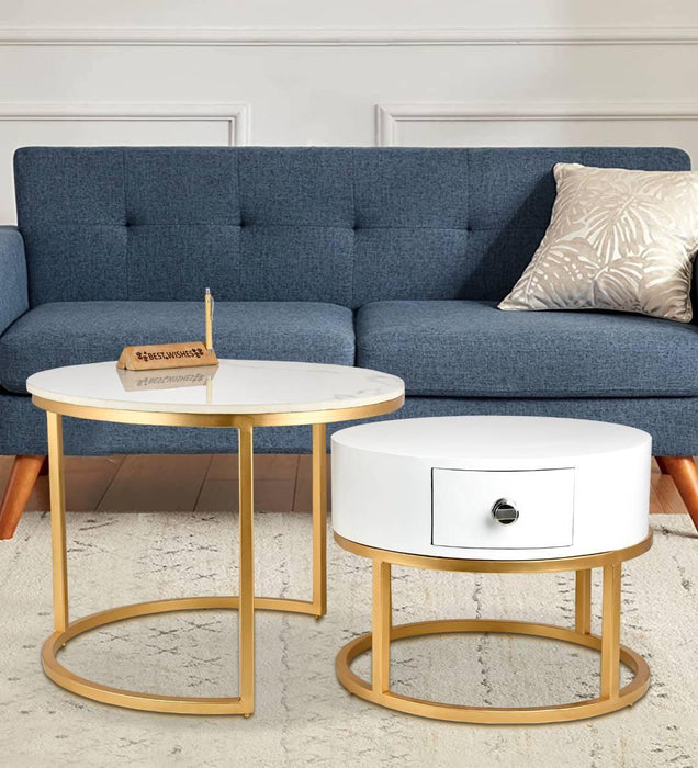 Marble And Wooden Nesting Tables With Storage | Center Coffee Table For Living Room