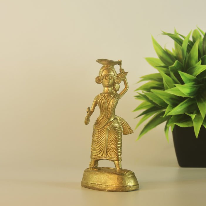 Decorative Golden Farmer Lady With Sickle Statue | Handcrafted Dokra Tabletop Showpiece