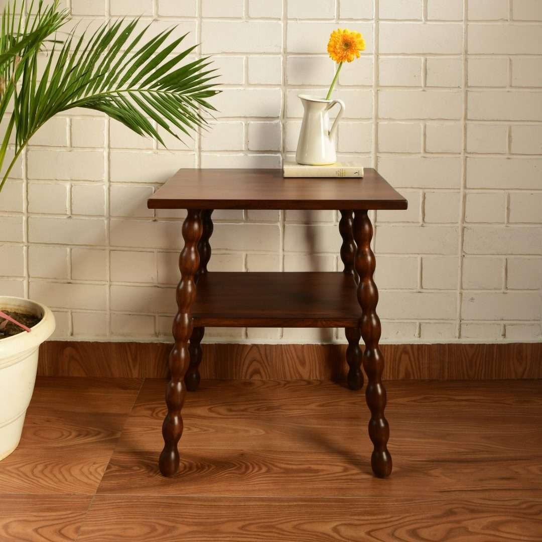 Spindle Side Table for Living Room | Teakwood End Table | Elegant Accent Table in Oak & Walnut Finish