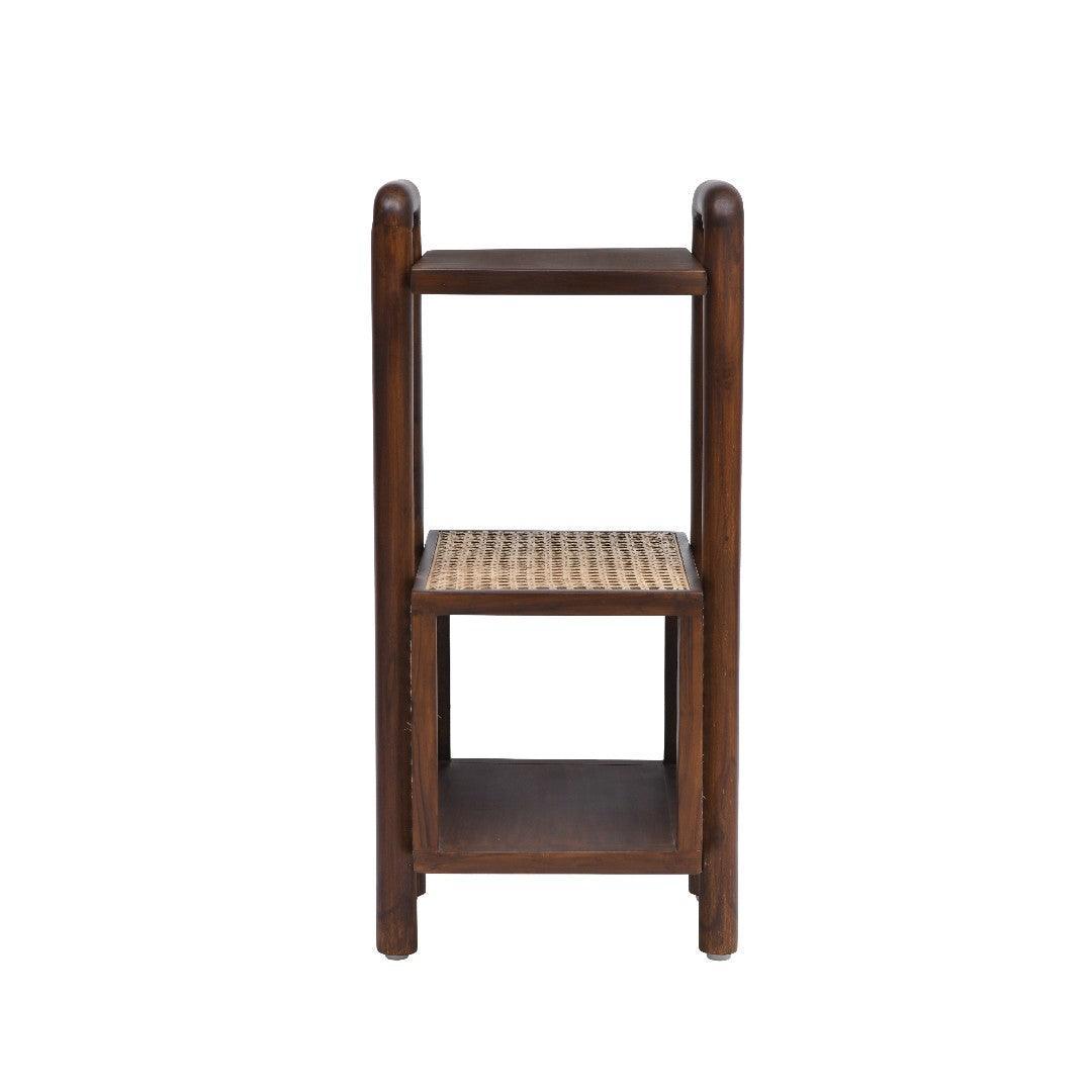 Nexus Teak Wood End Table with Cane Basket | Handcrafted Wooden Accent Table in Walnut Finish