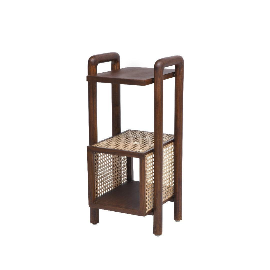 Nexus Teak Wood End Table with Cane Basket | Handcrafted Wooden Accent Table in Walnut Finish