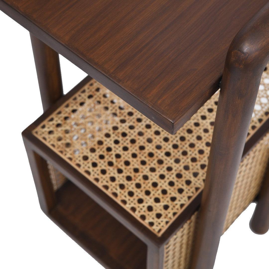 Nexus Teak Wood End Table with Cane Basket | Handcrafted Wooden Accent Table in Walnut Finish