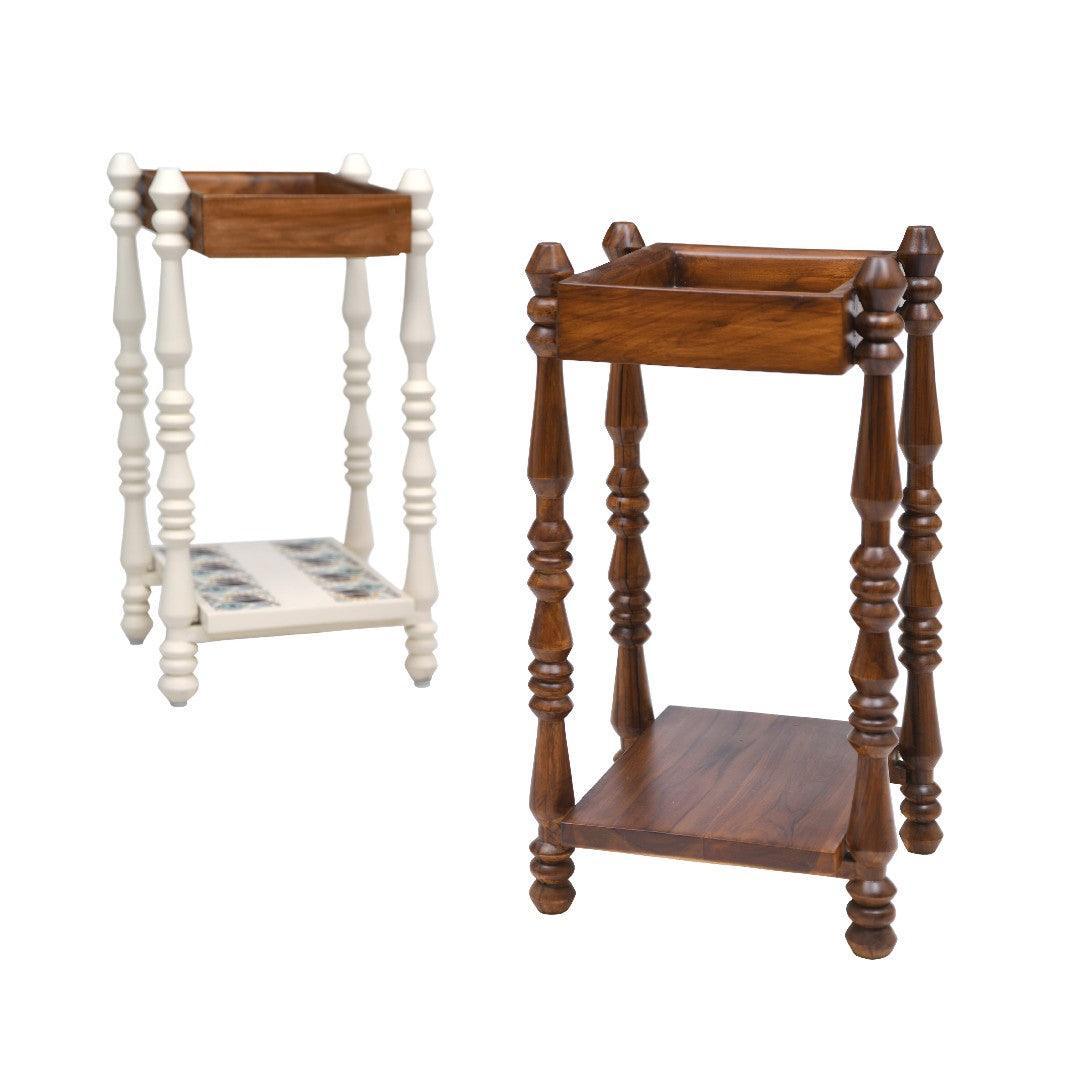 Modish Teak Wood End Table | Handcrafted Accent Table in White & Walnut | Side Table for Living Room