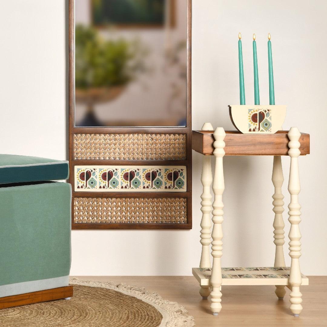 Modish Teak Wood End Table | Handcrafted Accent Table in White & Walnut | Side Table for Living Room