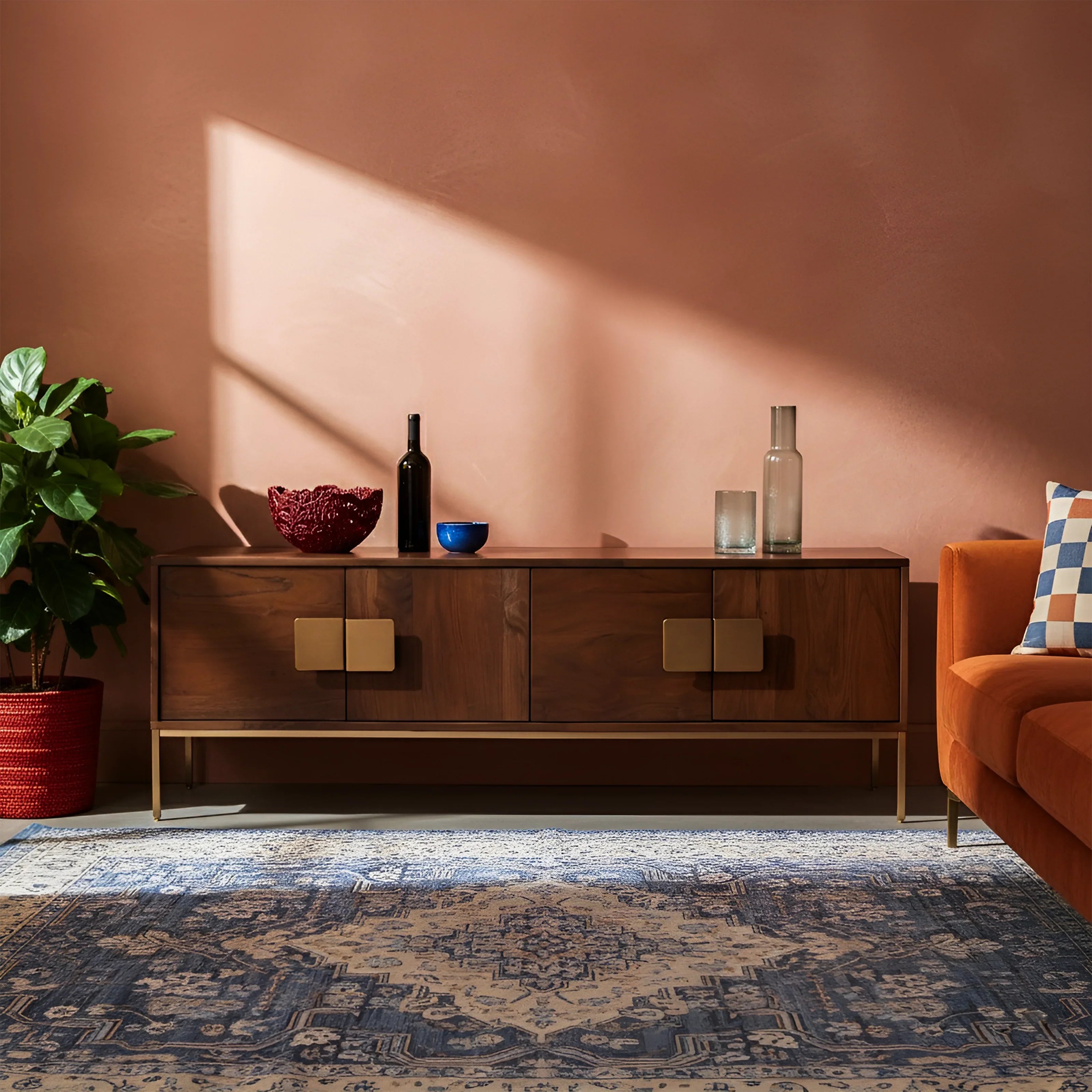 Designer TV Unit for Living Room | Mango Wood TV Console with Brass Handles | TV Cabinet with Storage