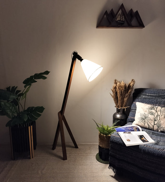 Melman Wooden Floor Lamp with Beige Fabric Lampshade