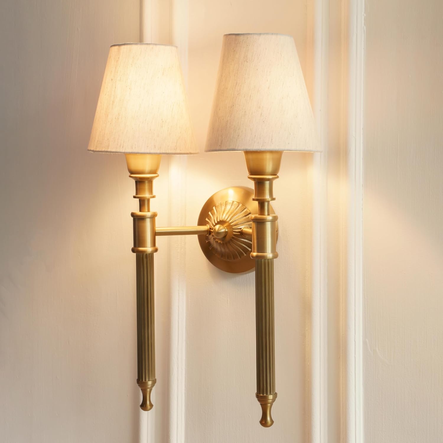 Double Corrugated Wall Lamp Antique Brass Finish with Off White Shade for Living Room, Bedroom, Home Decoration Wall Light