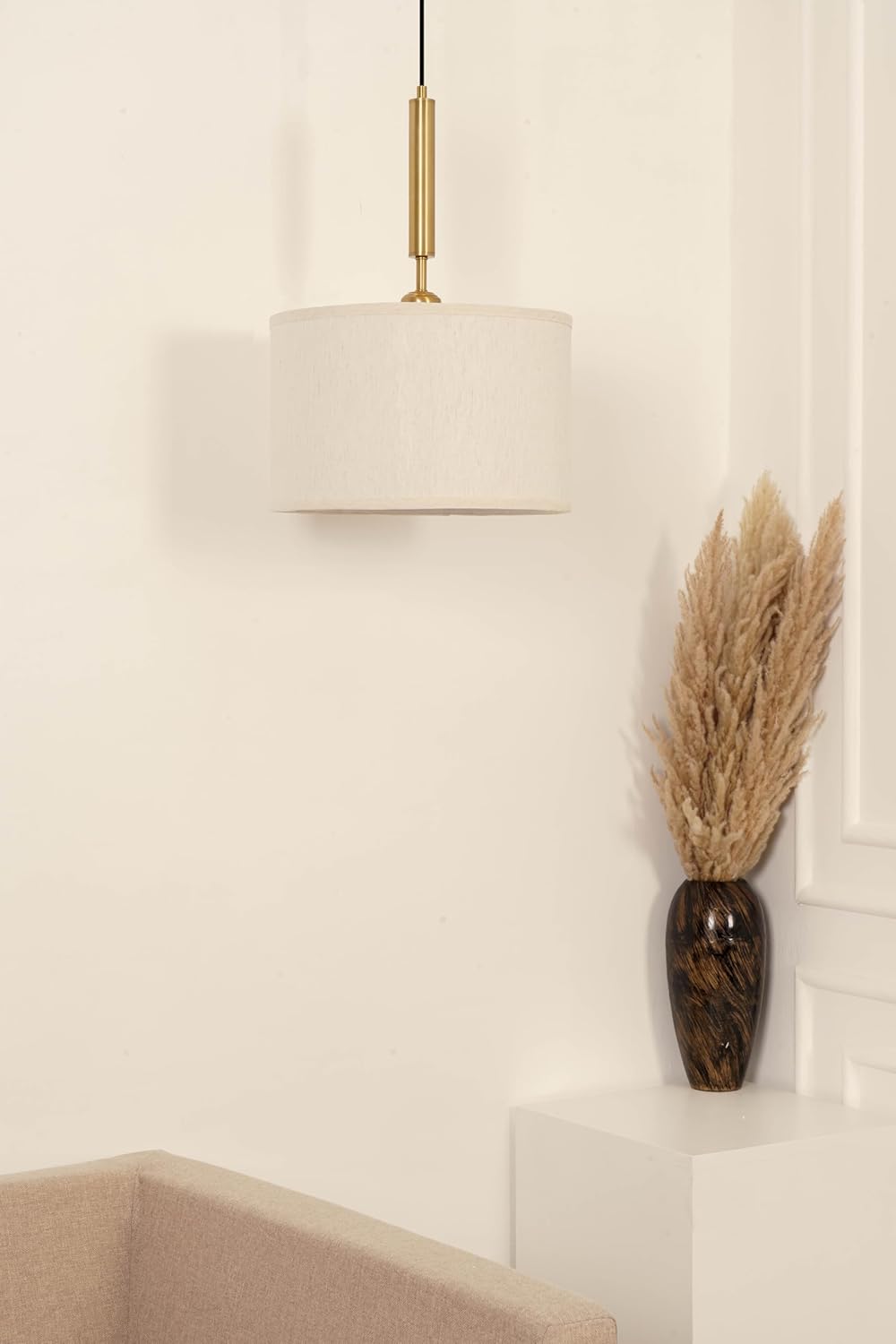 Brass Antique Cotton Fabric Lamp Shade 14" Diameter Hanging Lamps for Living Room, Bedroom, Restaurant, Cafe