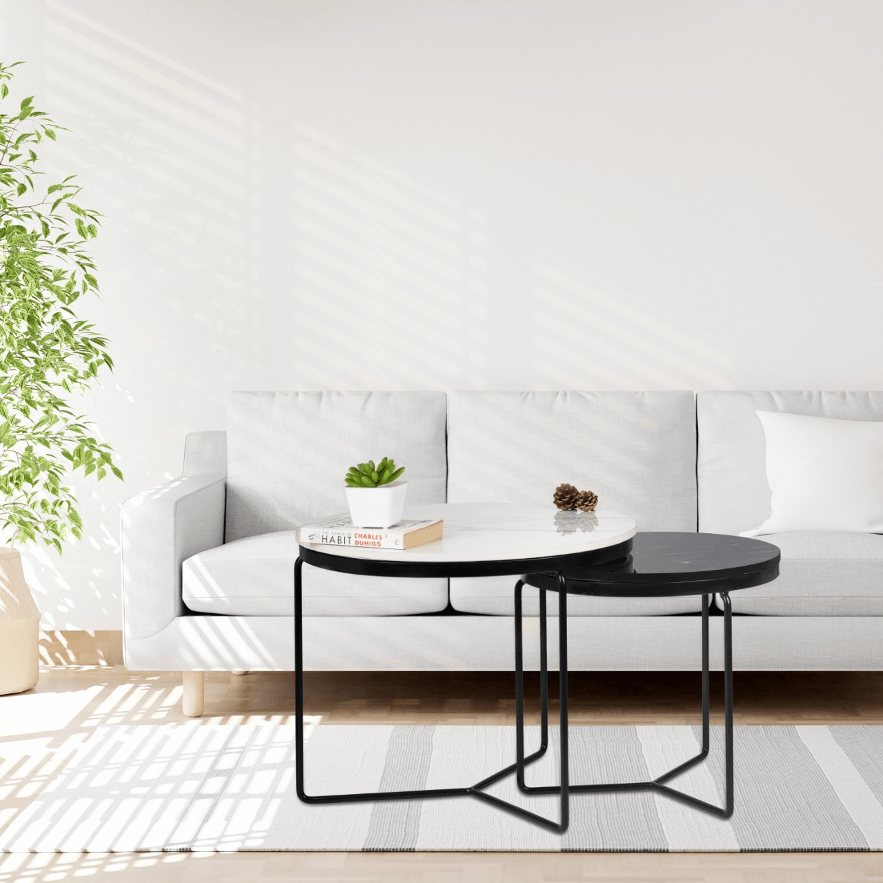 Minimal Nesting Tables with Marble Top | Set of 2 Center Coffee Table for Living Room