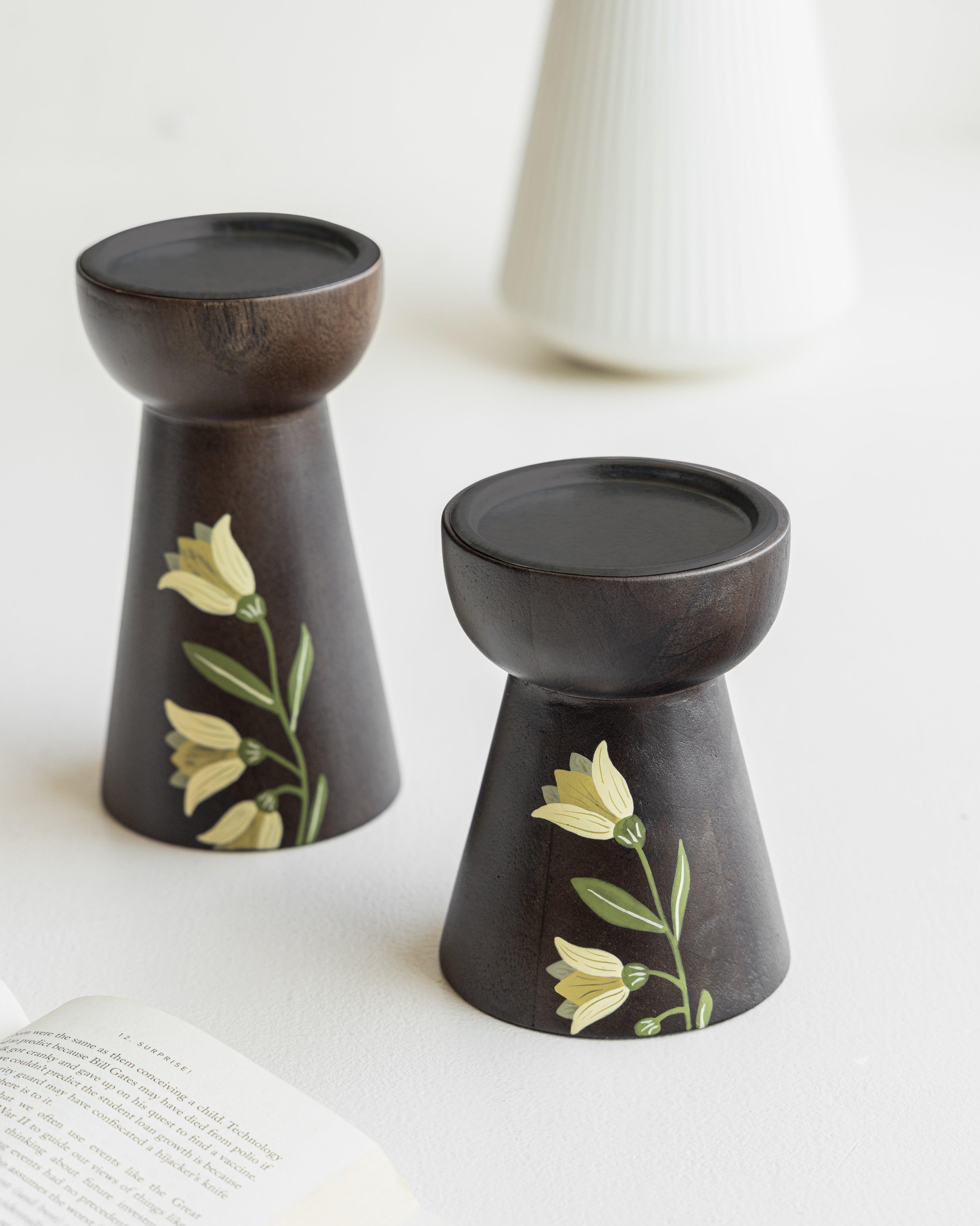 MIRRA Handpainted Wooden Candle Stand (Set of 2) without Candles | Mango Wood