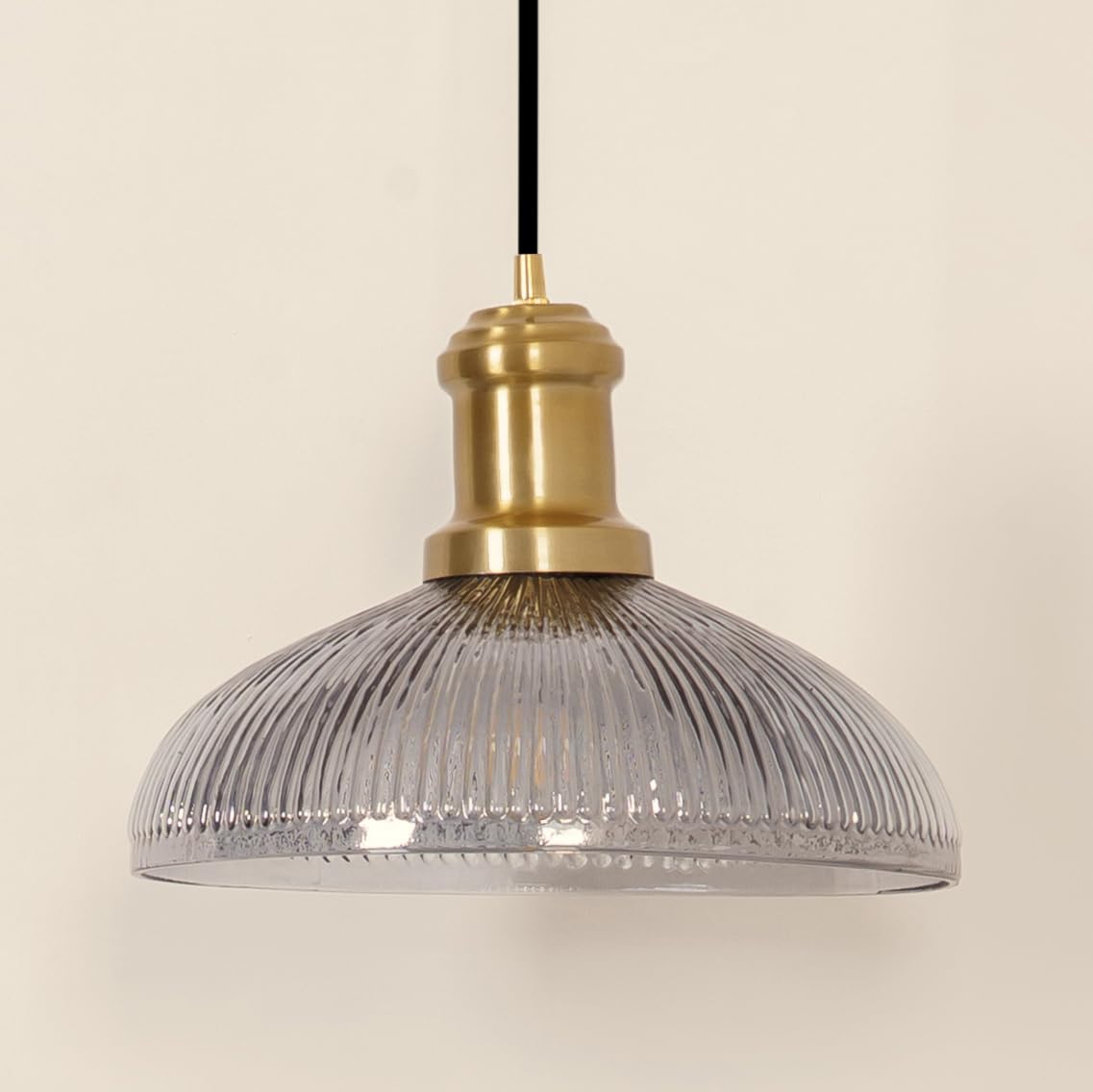 Ribbed Grey Luster Glass Pendant Light with Antique Brass Finish for Living Room, Bedroom, Kitchen and Dining