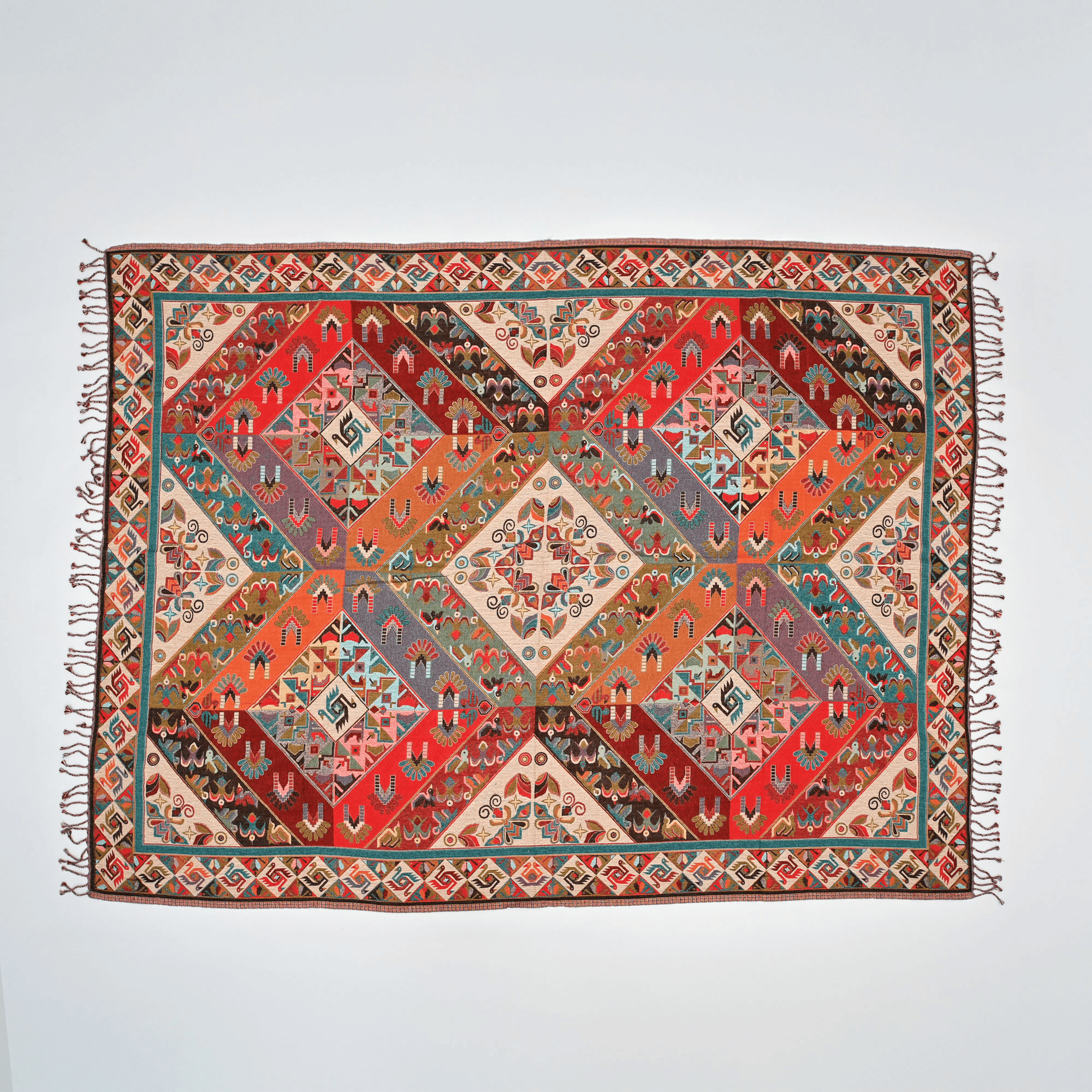 Tribal Pattern Throw Blanket | Cotton Wool Sofa Throw with Geometric & Folk Art Design for Living Room & Bedroom Decor