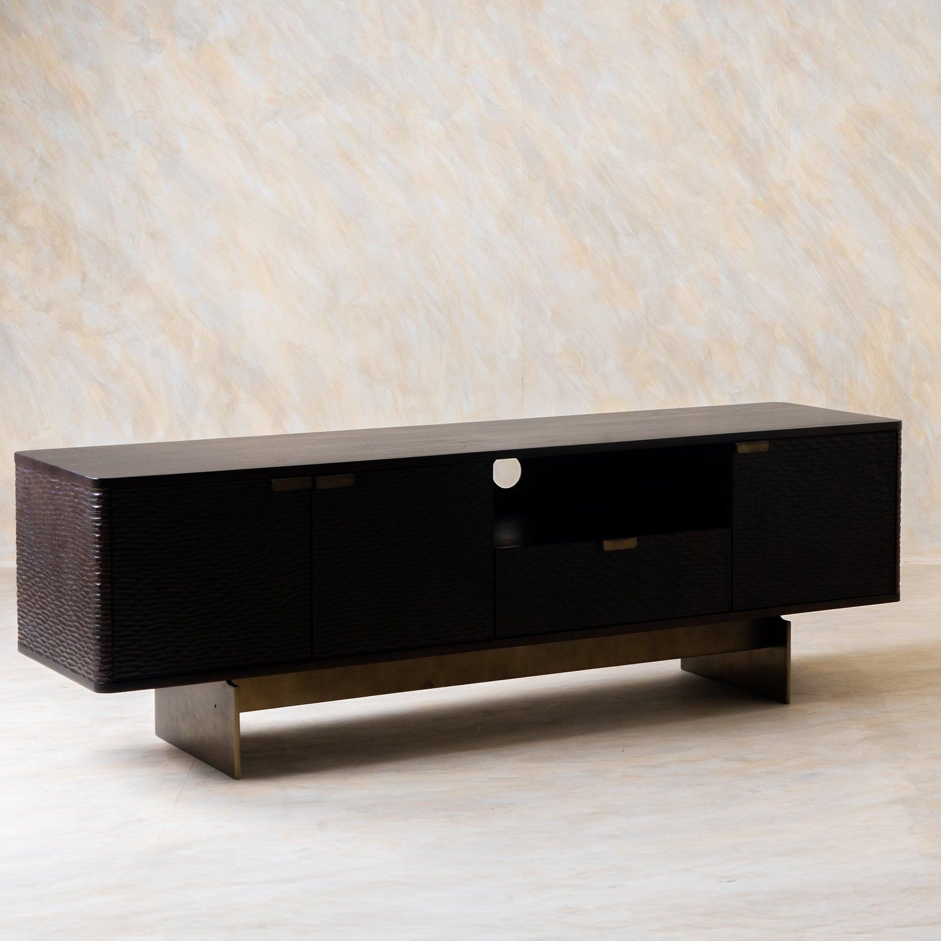 Sculpt TV Unit | Acacia Wood, Stainless Steel, and Brass