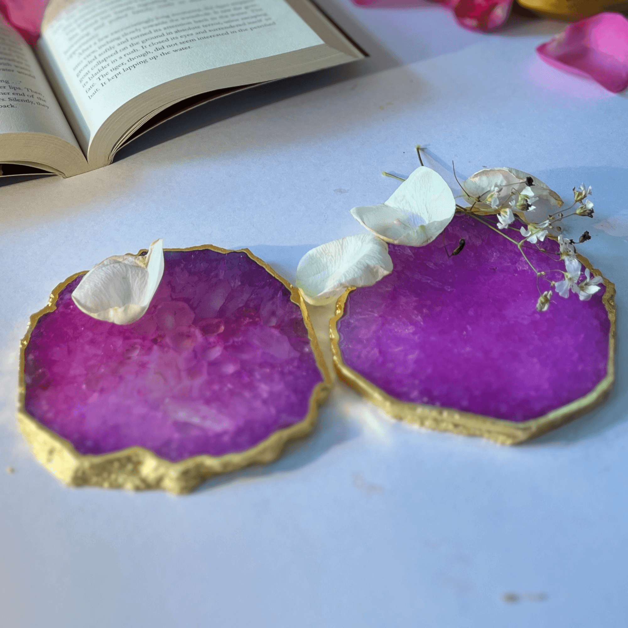 Crystal Agate Coaster with Gold Plating | Drink Coaster for Dining Table