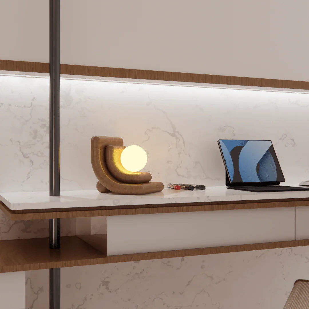 Sculptural Solid Wood Table Lamp | Designer Curved Lamp with Warm Glow for Living Room & Bedroom