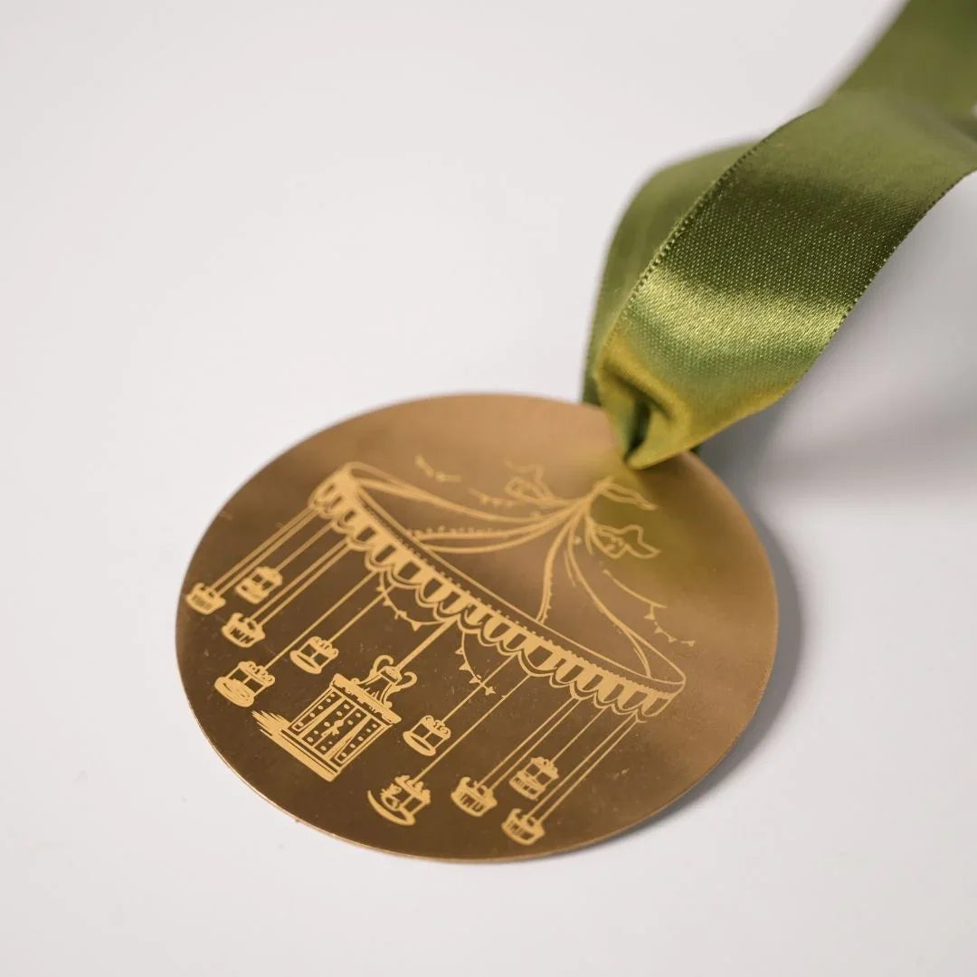 Brass Carousel Hanging Ornament – Laser-Etched Decor with Linen Yellow or Satin Green Ribbon | Luxury Christmas & Home Decor