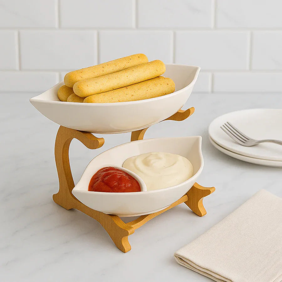 2-Tier Ceramic Serving Bowls with Wooden Stand