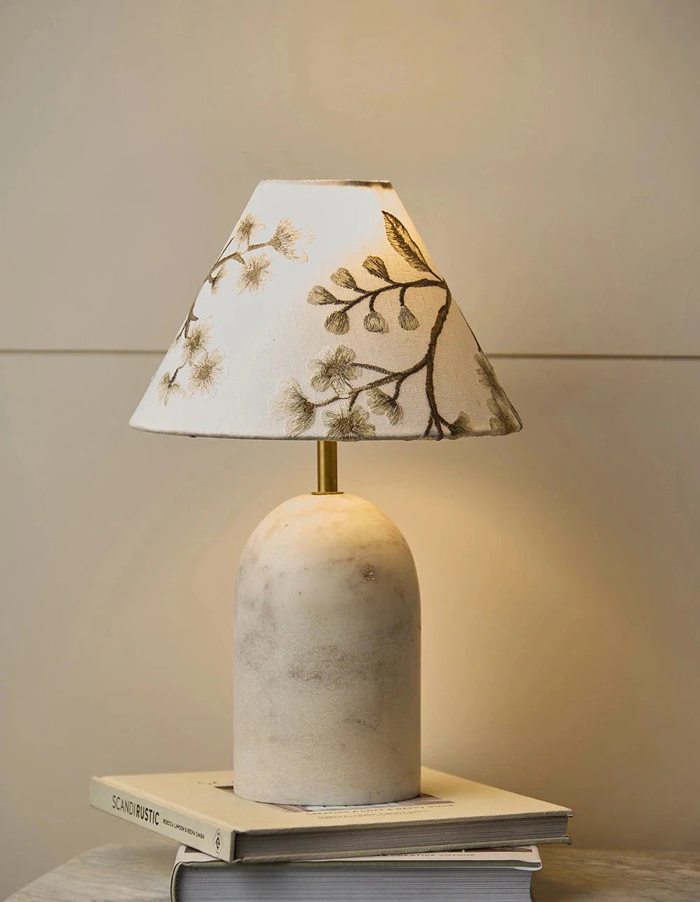Luna - White Marble & embroidered lampshade | Table Lamp