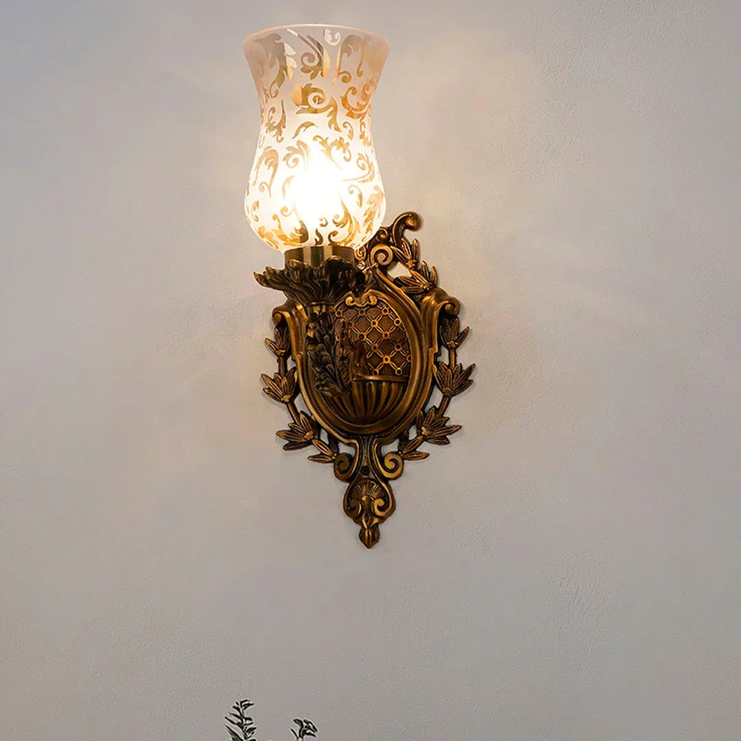 Antique Cast Aluminium Traditional Uplight Wall Sconce with Golden Etched Glass