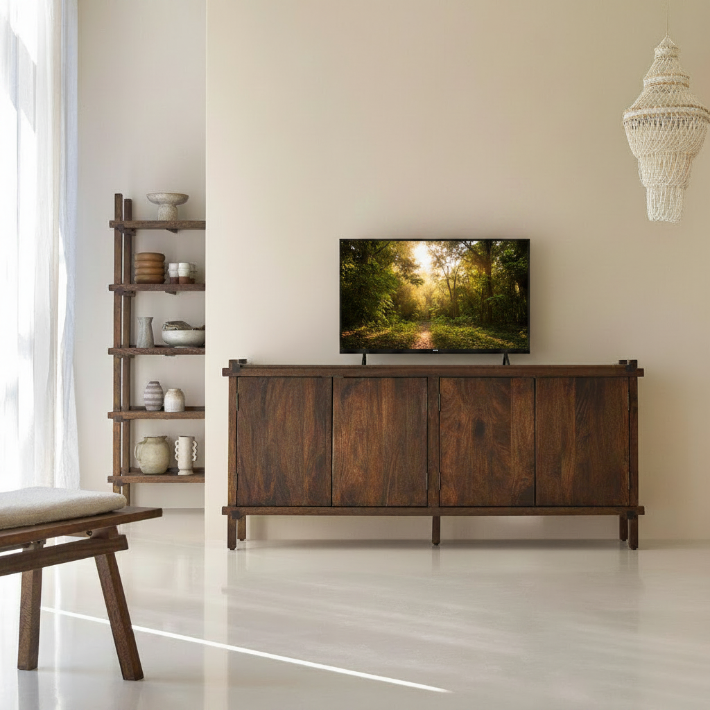 Diner Solid Mango Wood Sideboard with 4 Door in Teak Finish | Storage Cabinet
