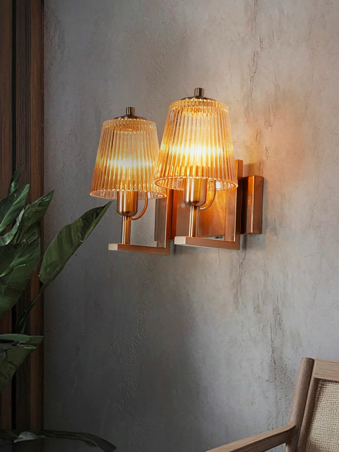 Modern Double Wall Sconce with Ribbed Glass Shades | Copper Wall Light for Living Room, Bedroom & Hallway