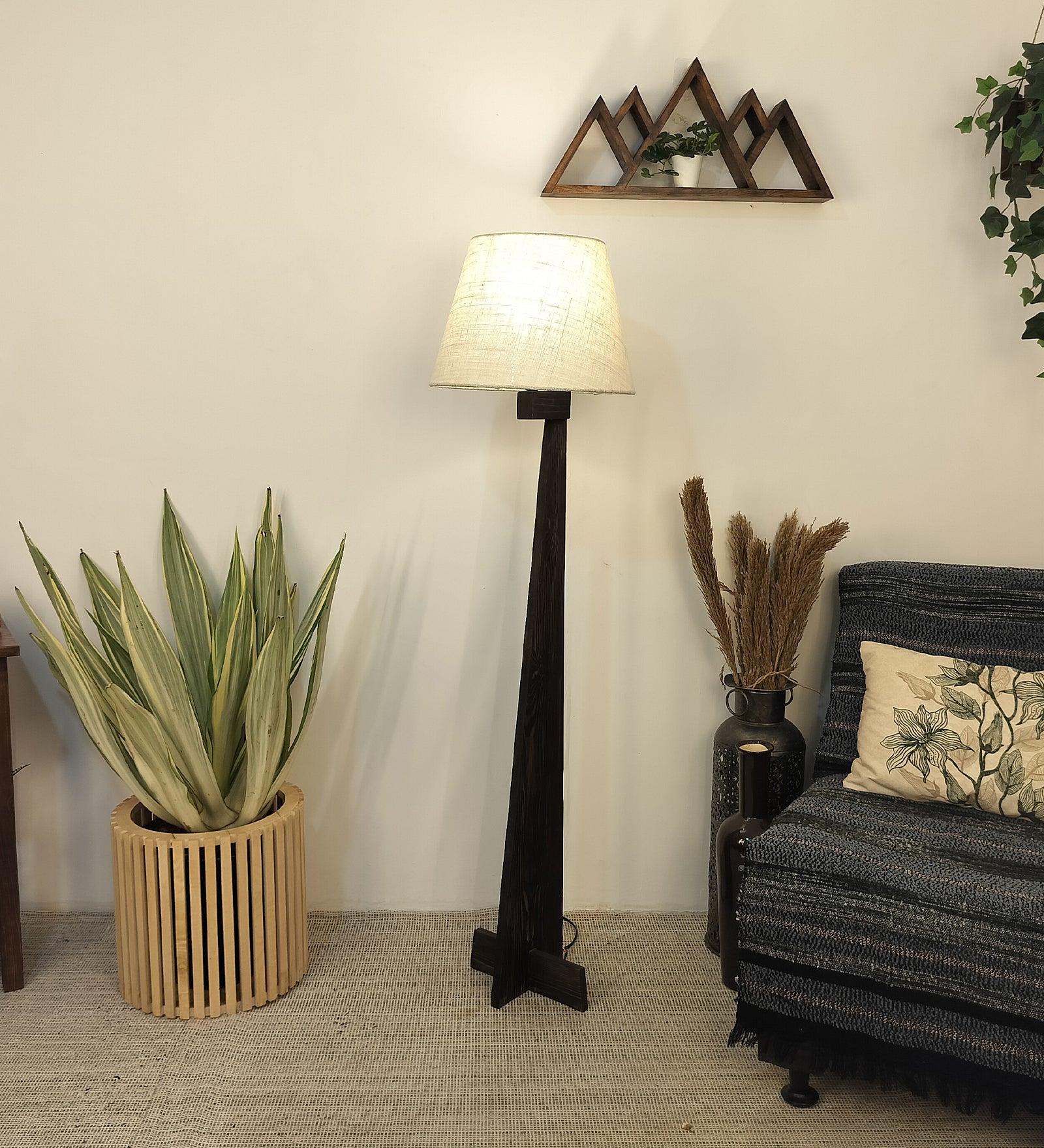 Trigo Wooden Floor Lamp with Brown Base and Yellow Printed Fabric Lampshade