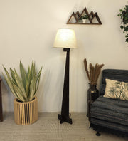 Trigo Wooden Floor Lamp with Brown Base and Yellow Printed Fabric Lampshade