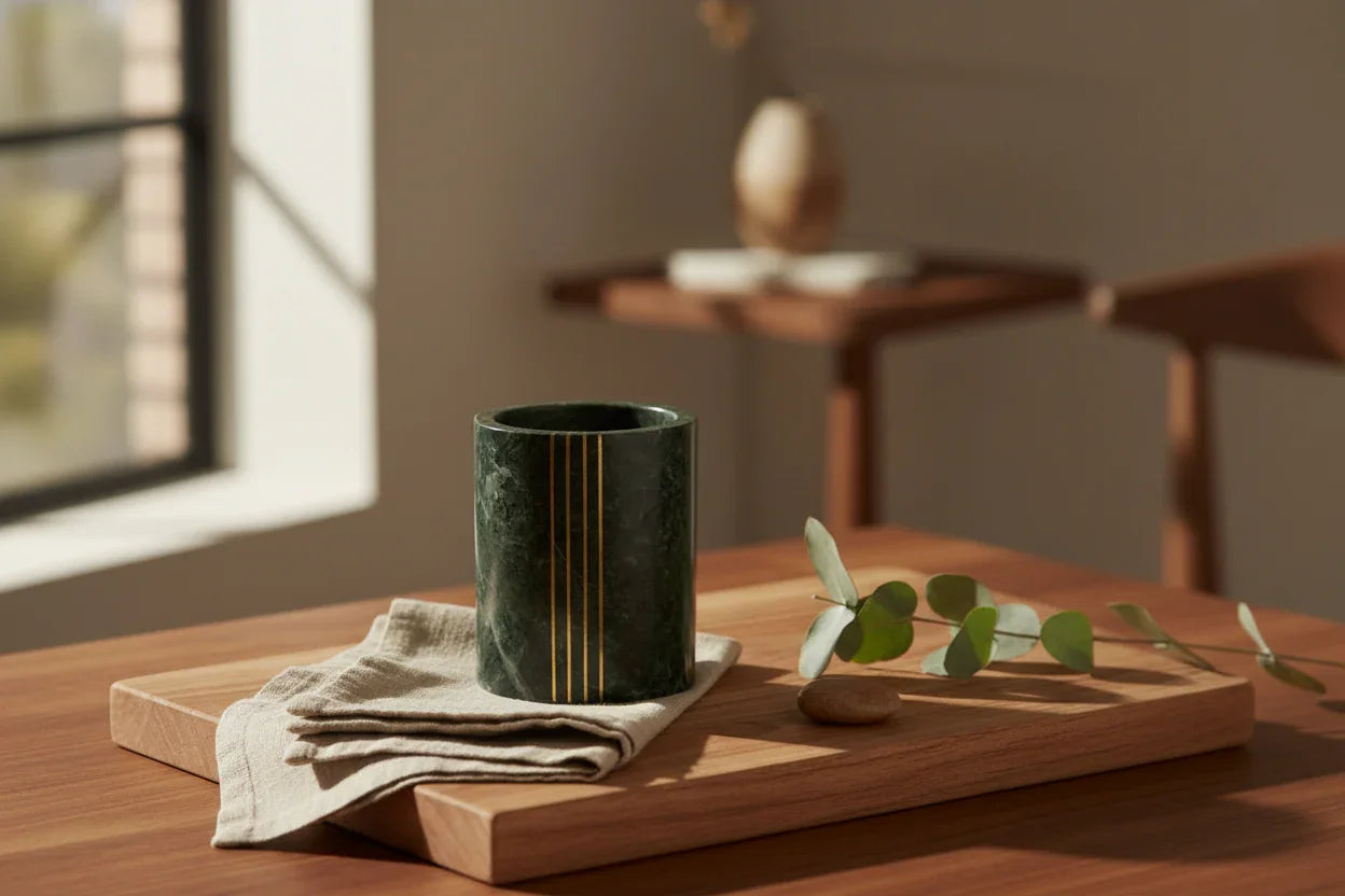 Green Marble With Brass Inlay Work Cutlery Holder