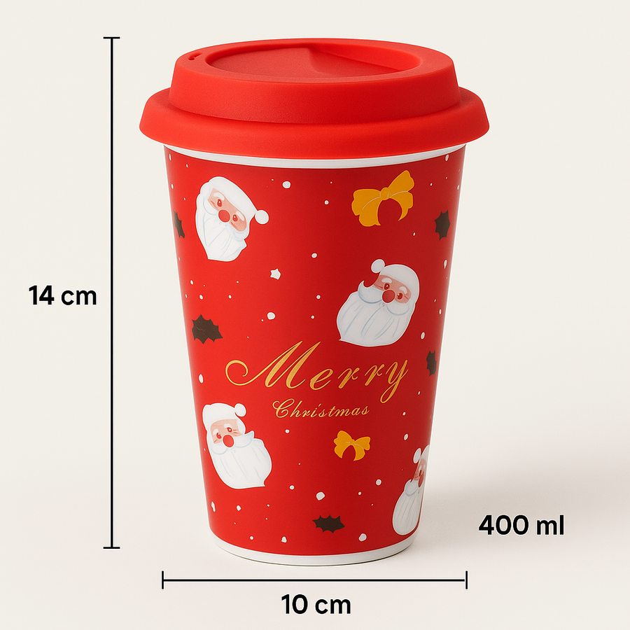 Christmas Ceramic Mug with Red Silicone Lid – 400 ml Coffee & Tea Cup-Pink