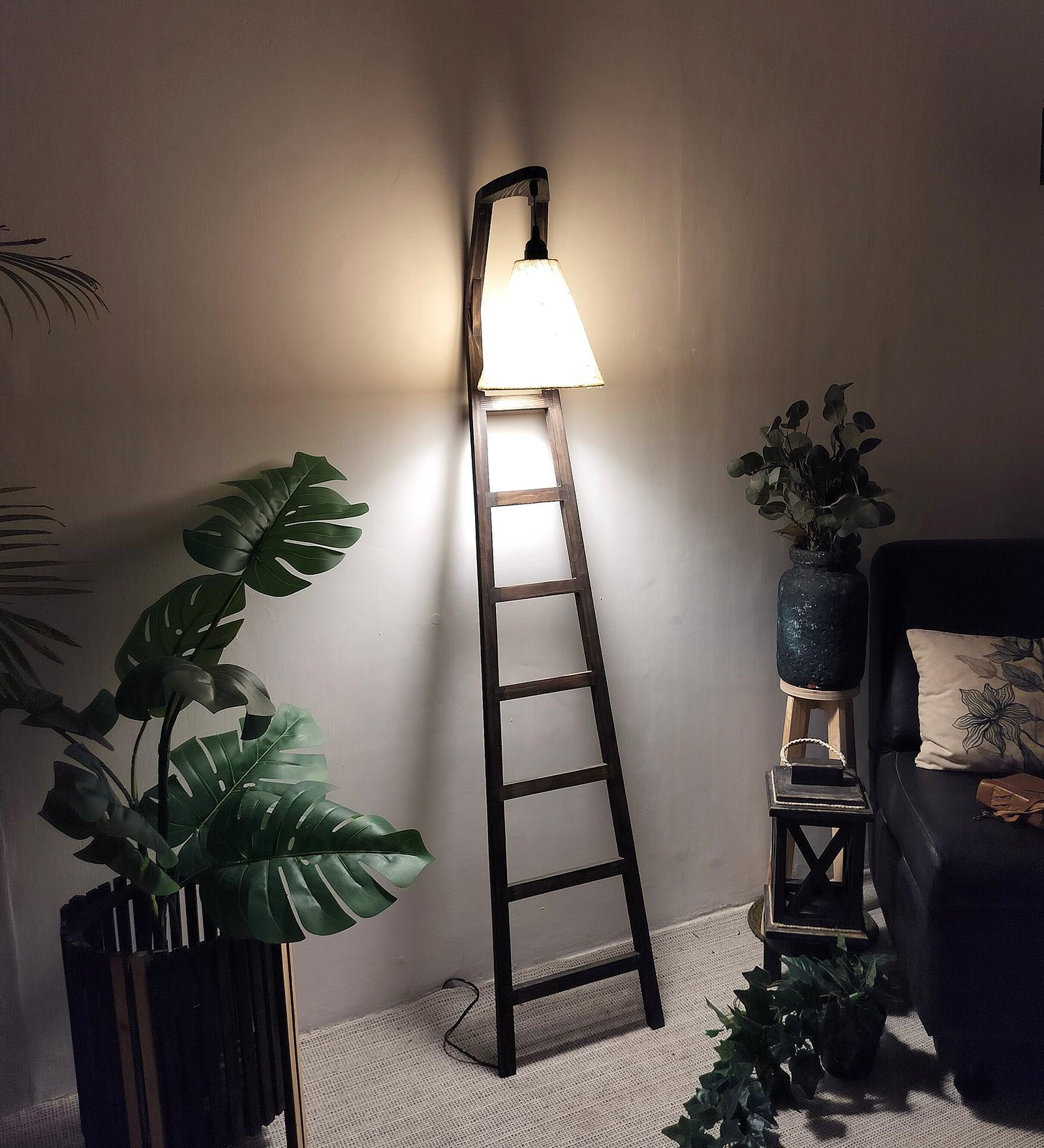 Stairway Wooden Floor Lamp with Brown Base and Jute Fabric Lampshade