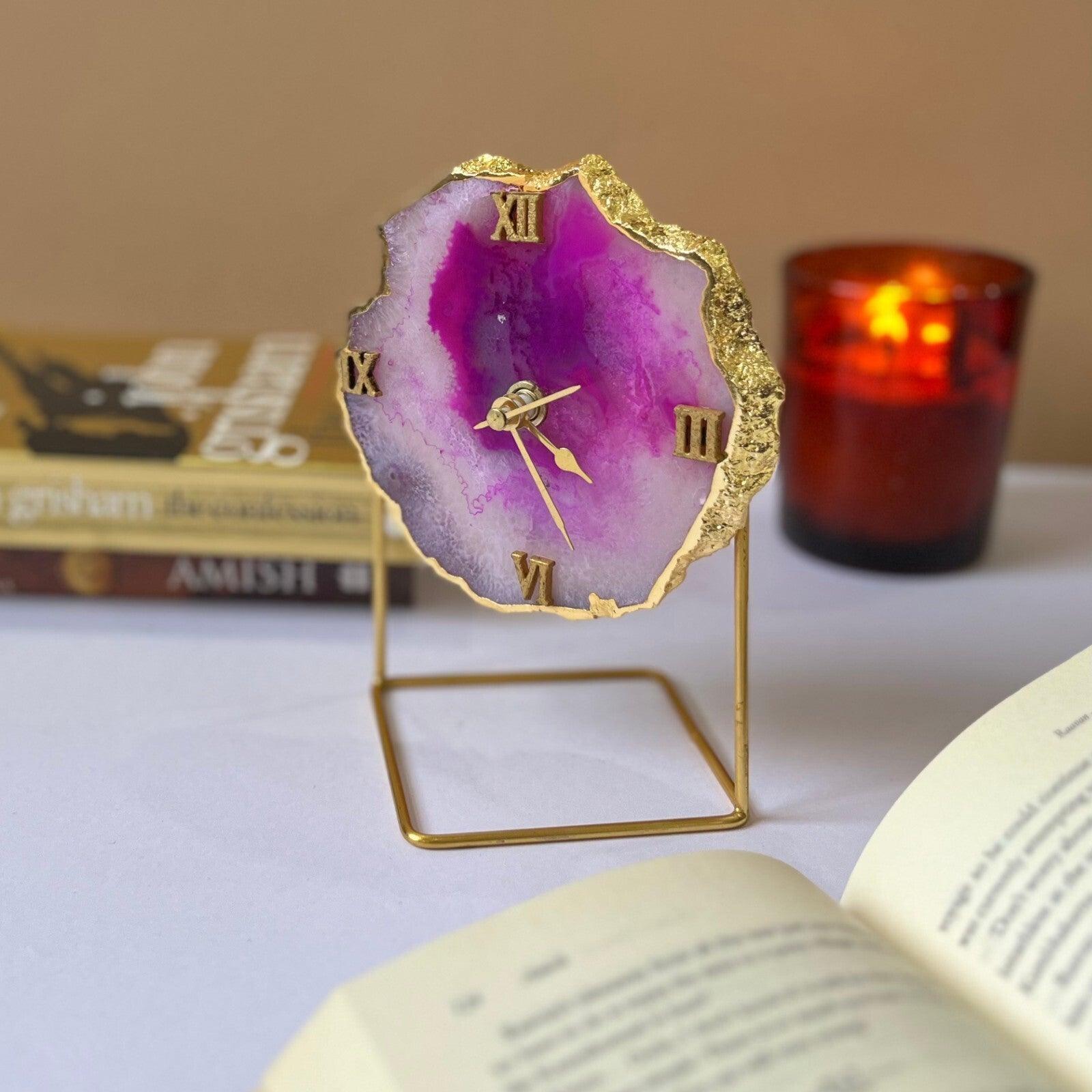 Brazilian Agate Desktop Clock with Metal Stand | Antique Timepiece